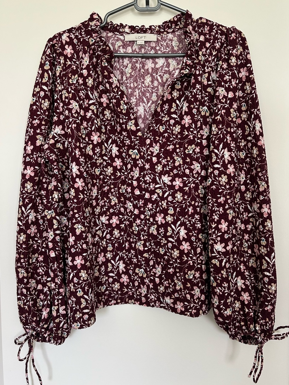 LOFT Burgundy Floral V-Neck Ruffle Long-Sleeve Blouse